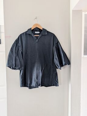 Harshman Black Collared Cotton Ruffle Sleeve Top Medium